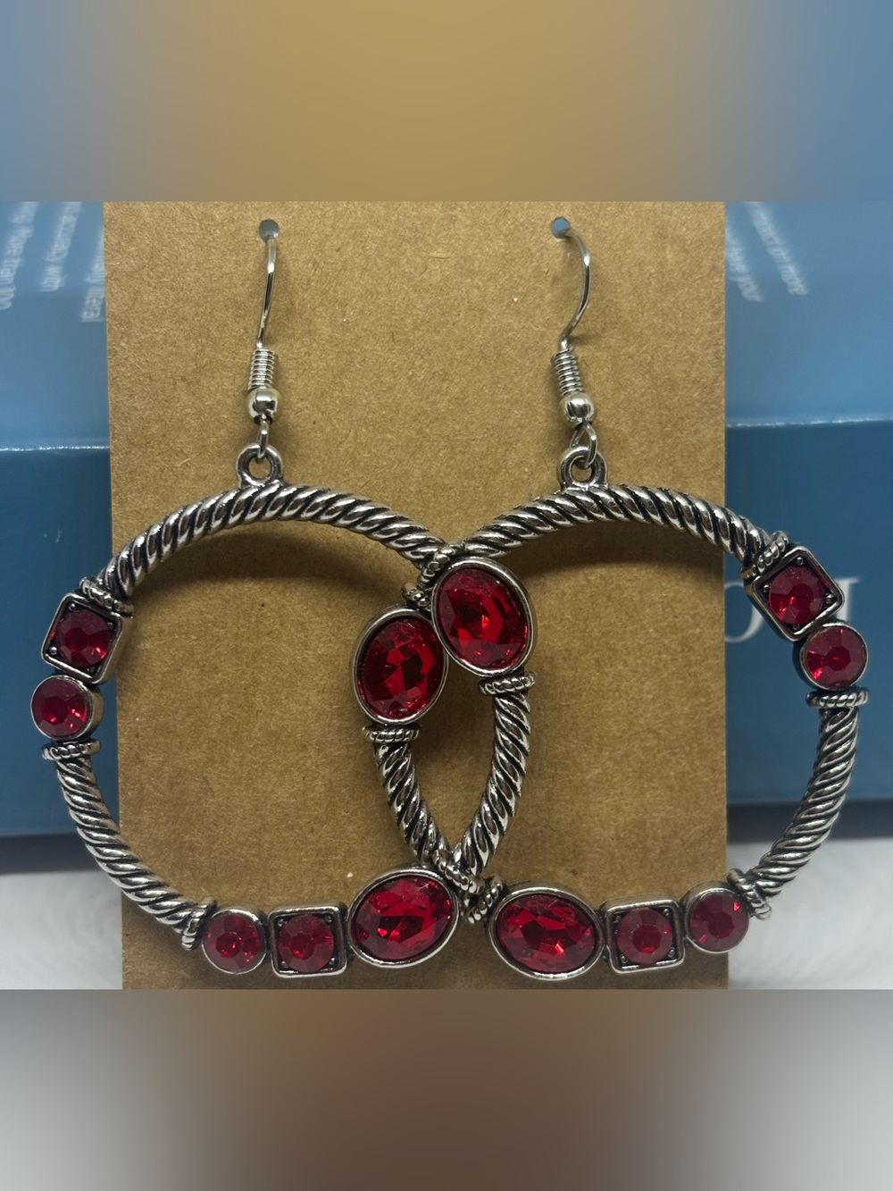 Silver-Tone Hoop Earrings with Red Gem Accents